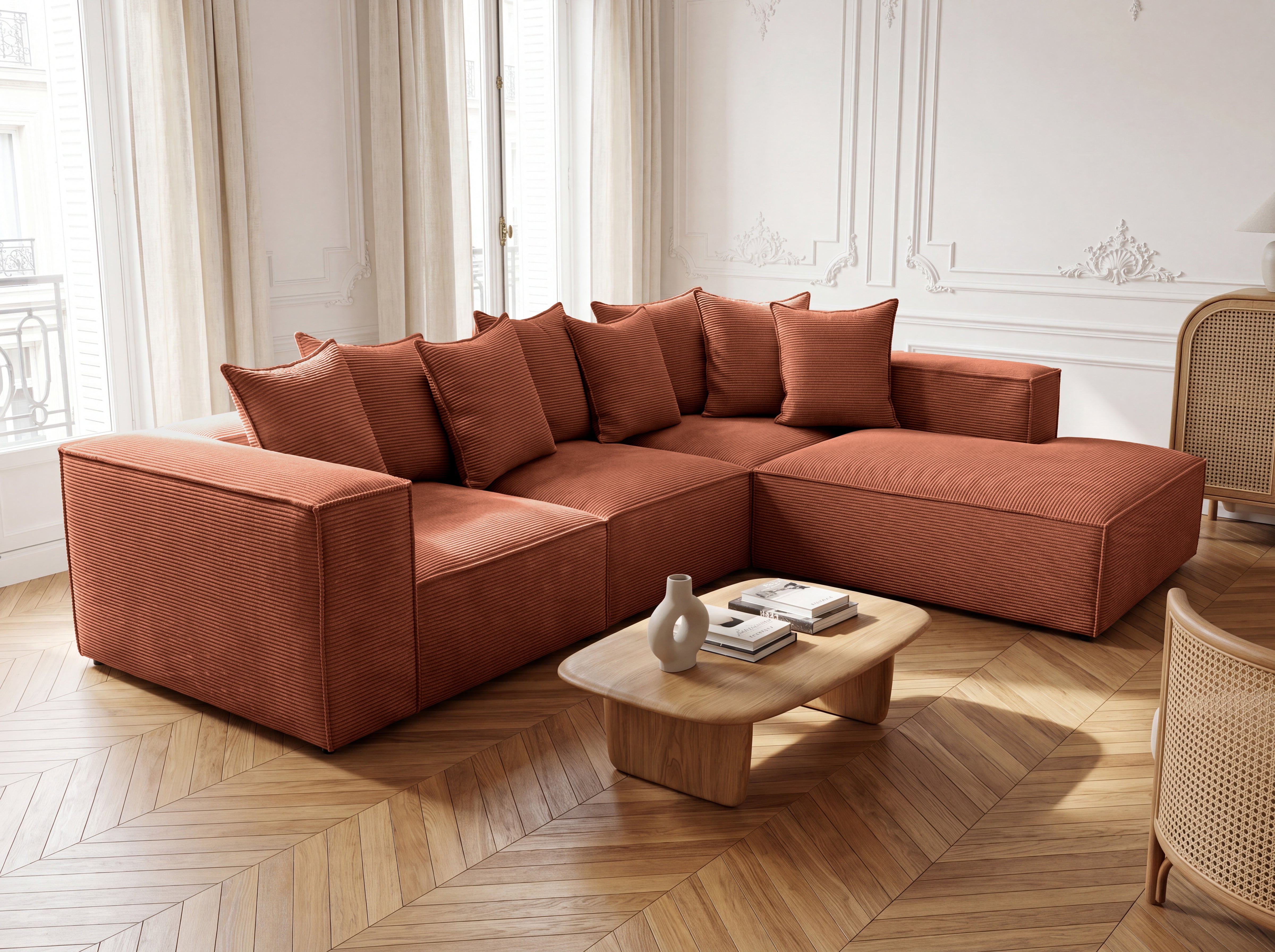 Designer corner sofa Largo with long ottoman in Corduroy