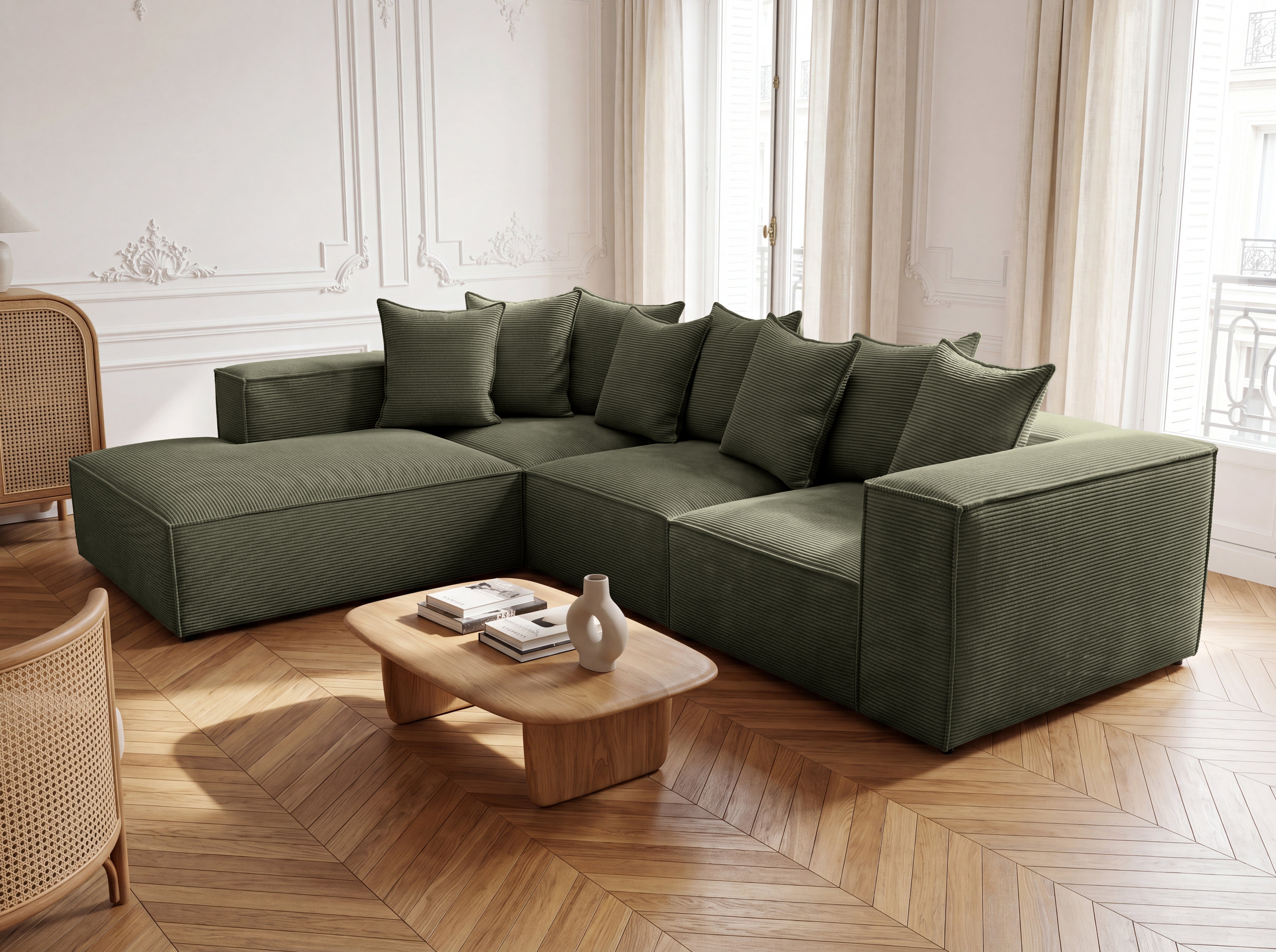 Designer corner sofa Largo with long ottoman in Corduroy