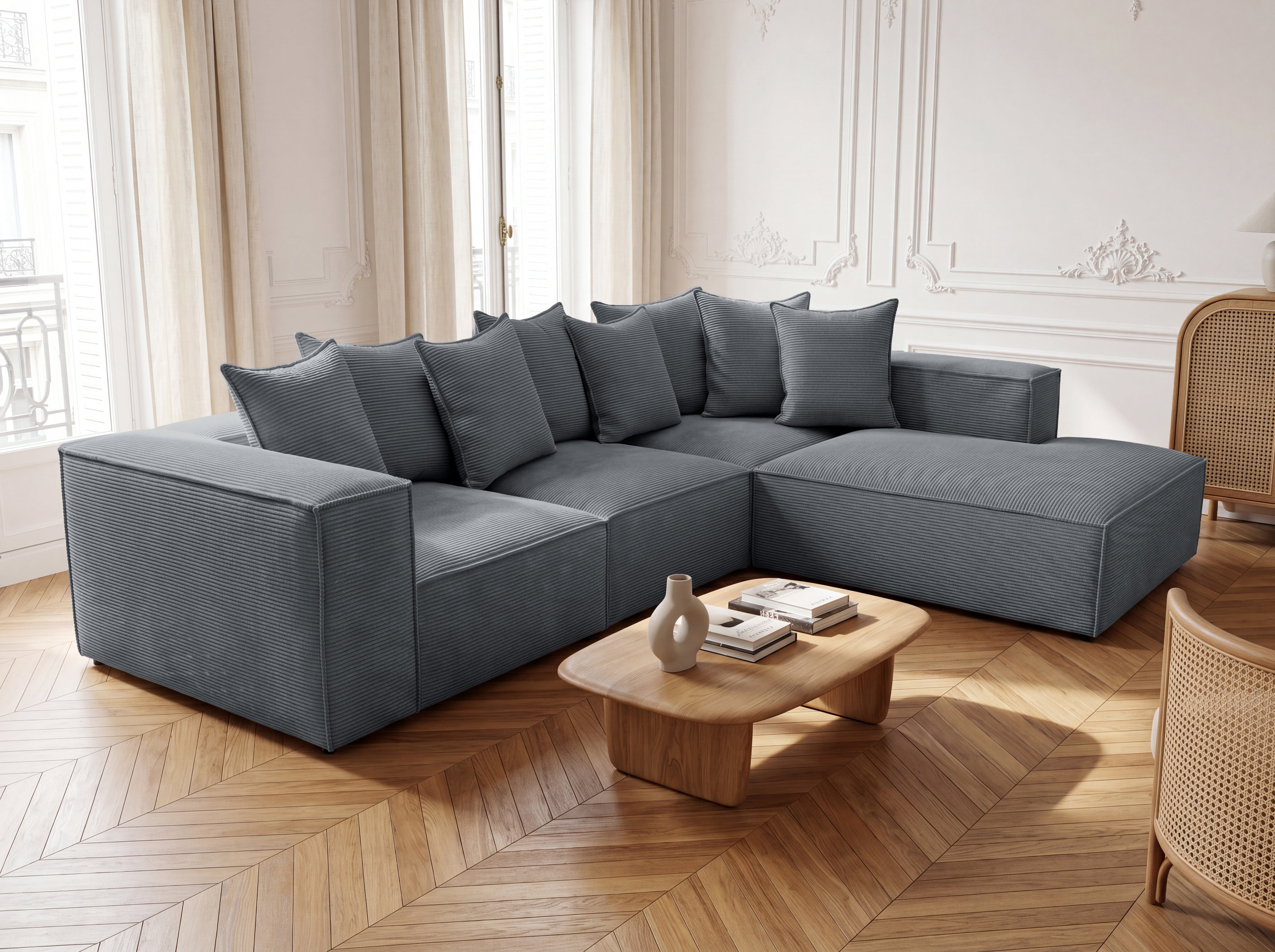 Designer corner sofa Largo with long ottoman in Corduroy