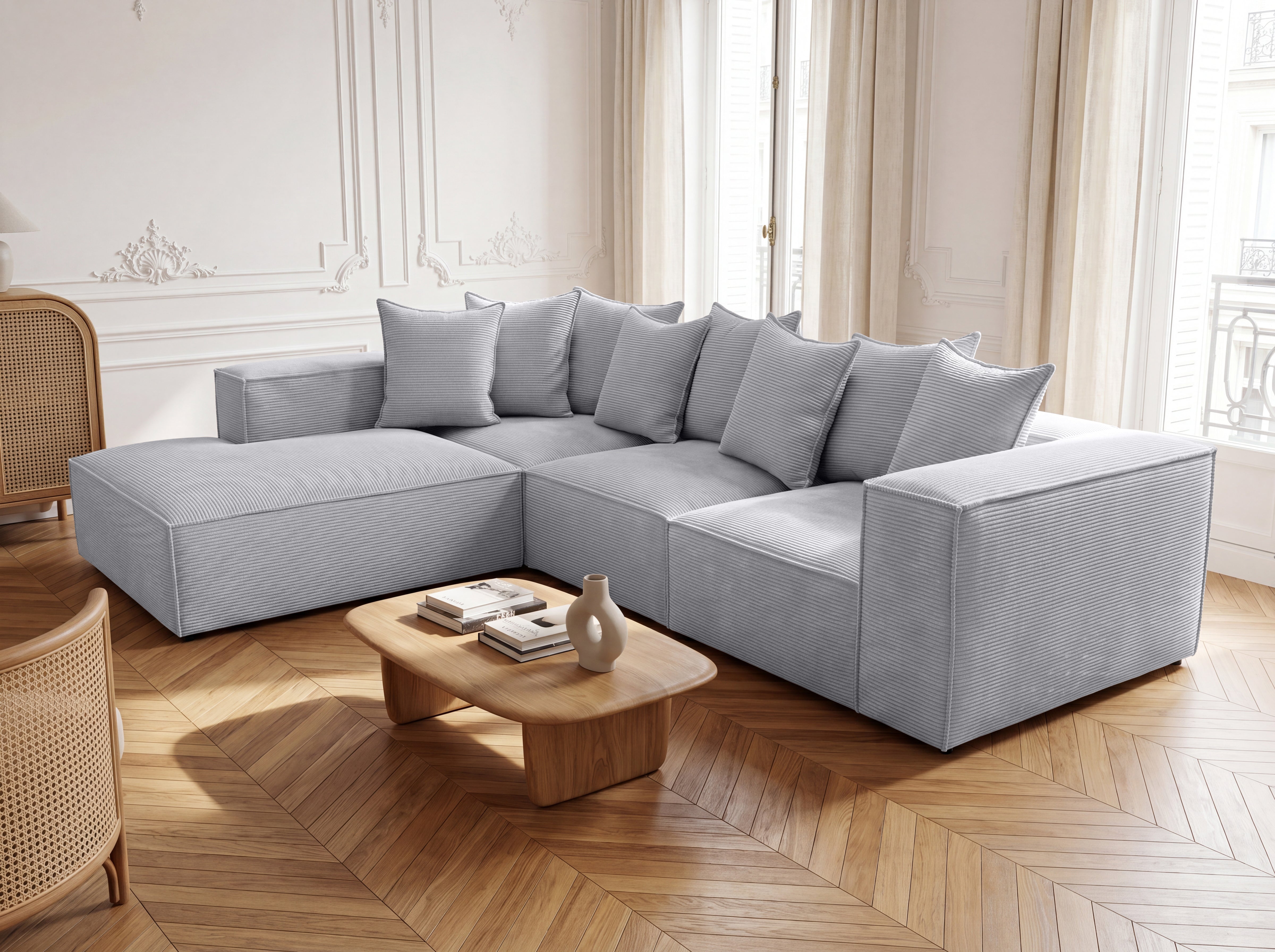Designer corner sofa Largo with long ottoman in Corduroy