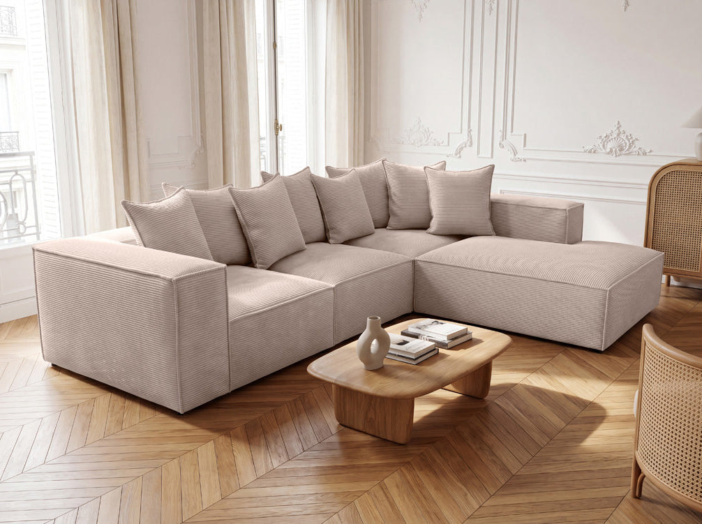 Designer corner sofa Largo with long ottoman in Corduroy