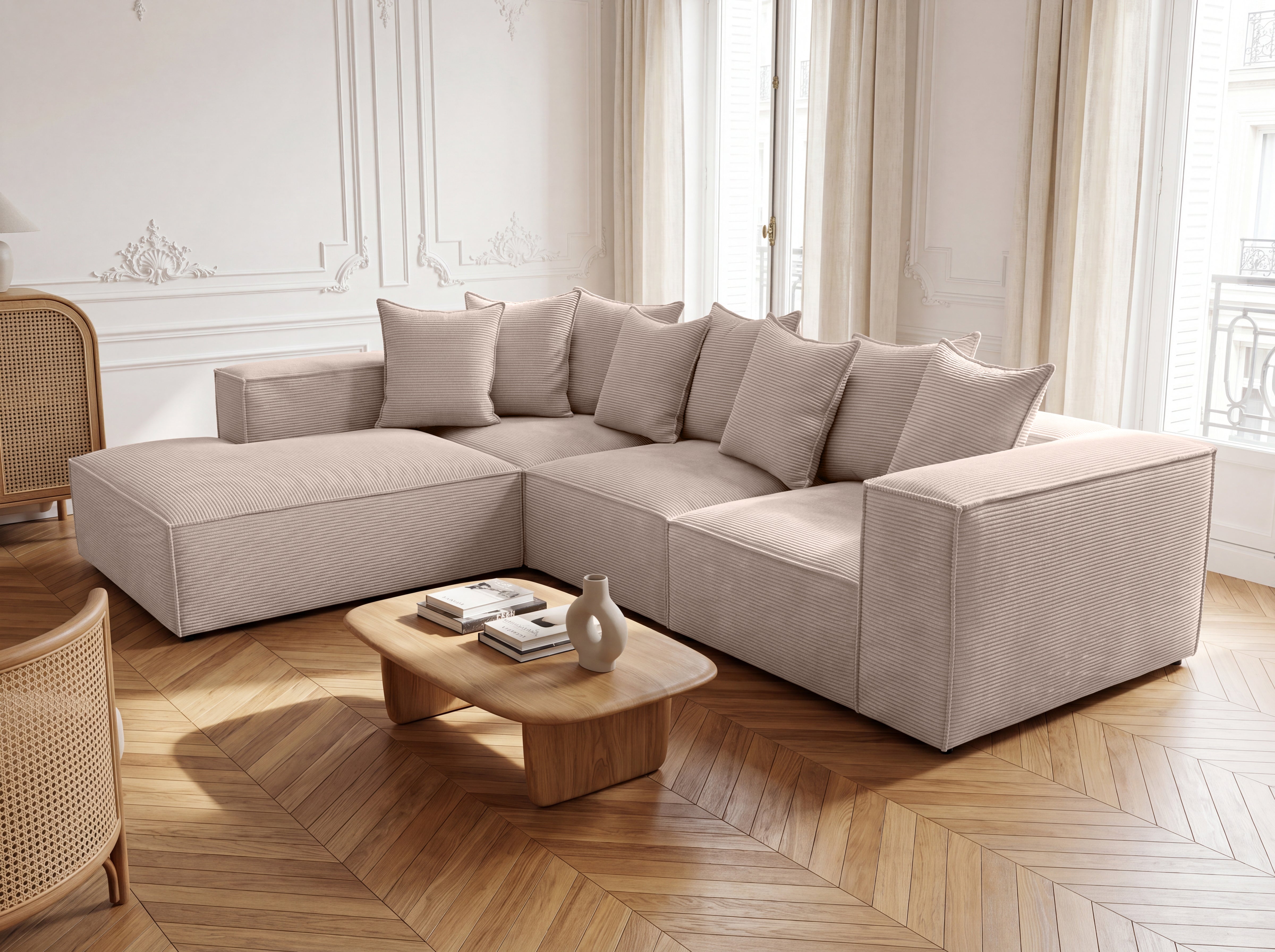 Designer corner sofa Largo with long ottoman in Corduroy
