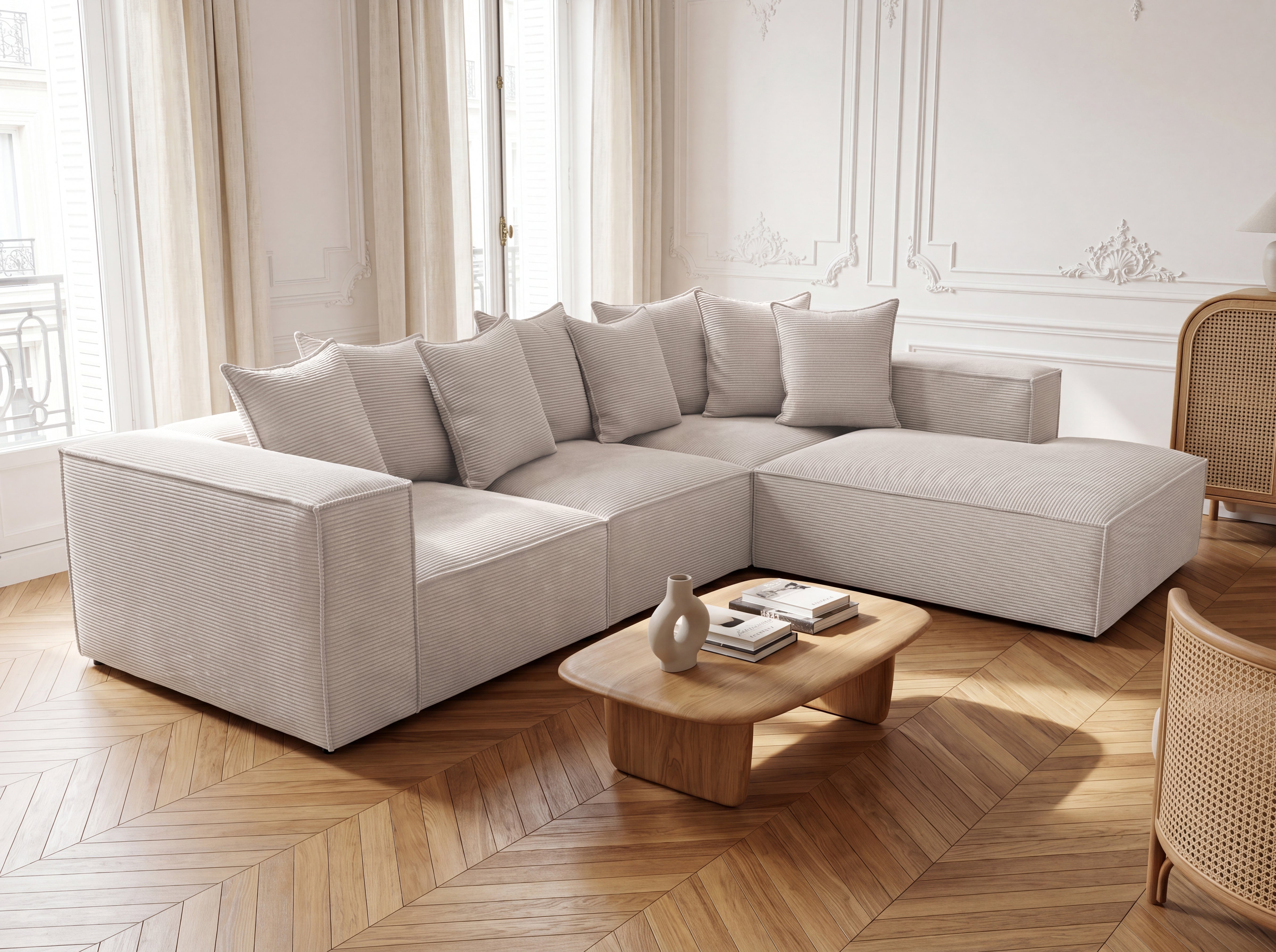 Designer corner sofa Largo with long ottoman in Corduroy