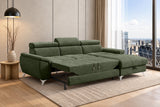 Ecksofa Luno in Strukturstoff Grün – ausgezogene Schlaffunktion