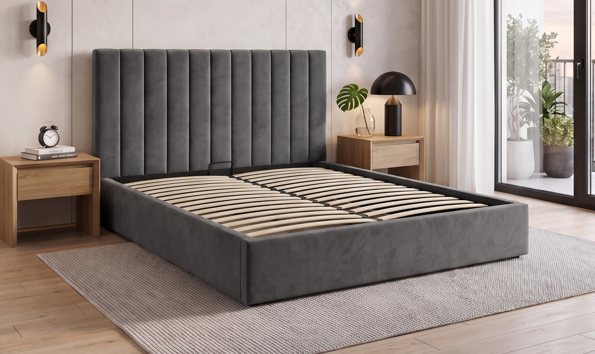 Designer upholstered bed Livia in velvet with storage space