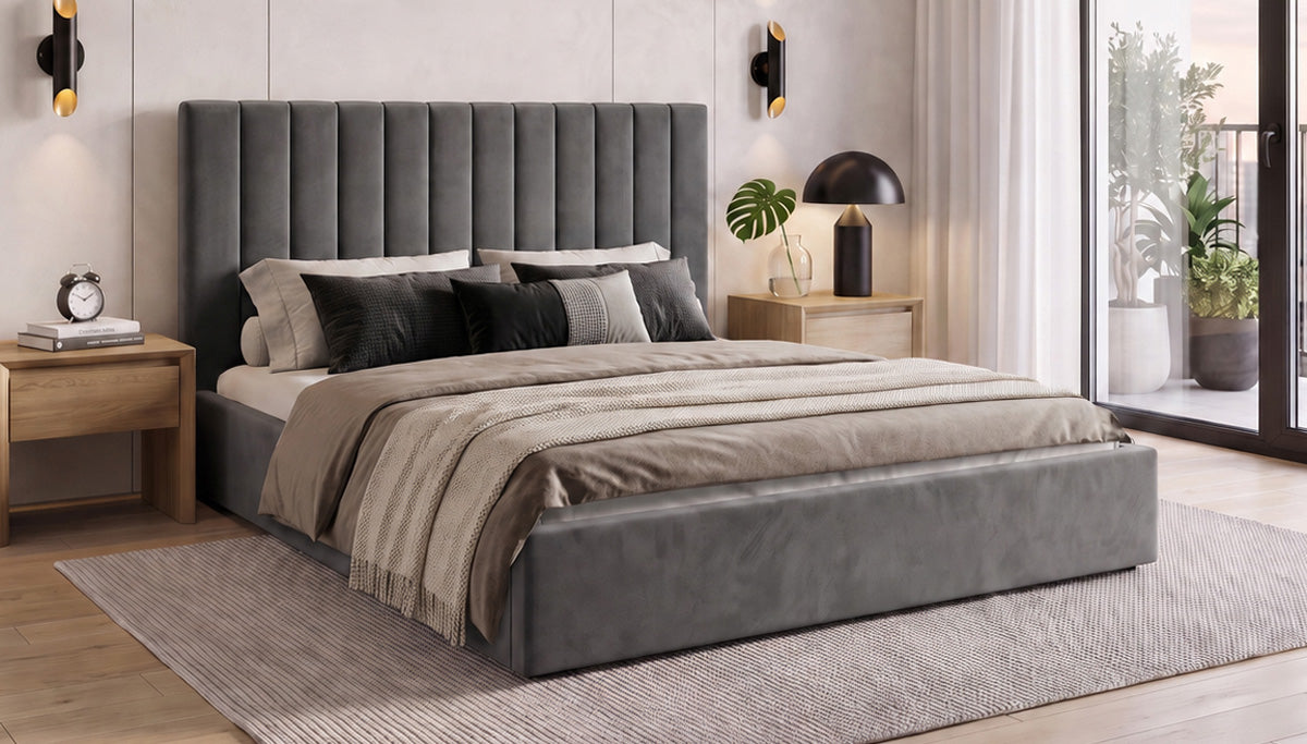 Designer upholstered bed Livia in velvet with storage space
