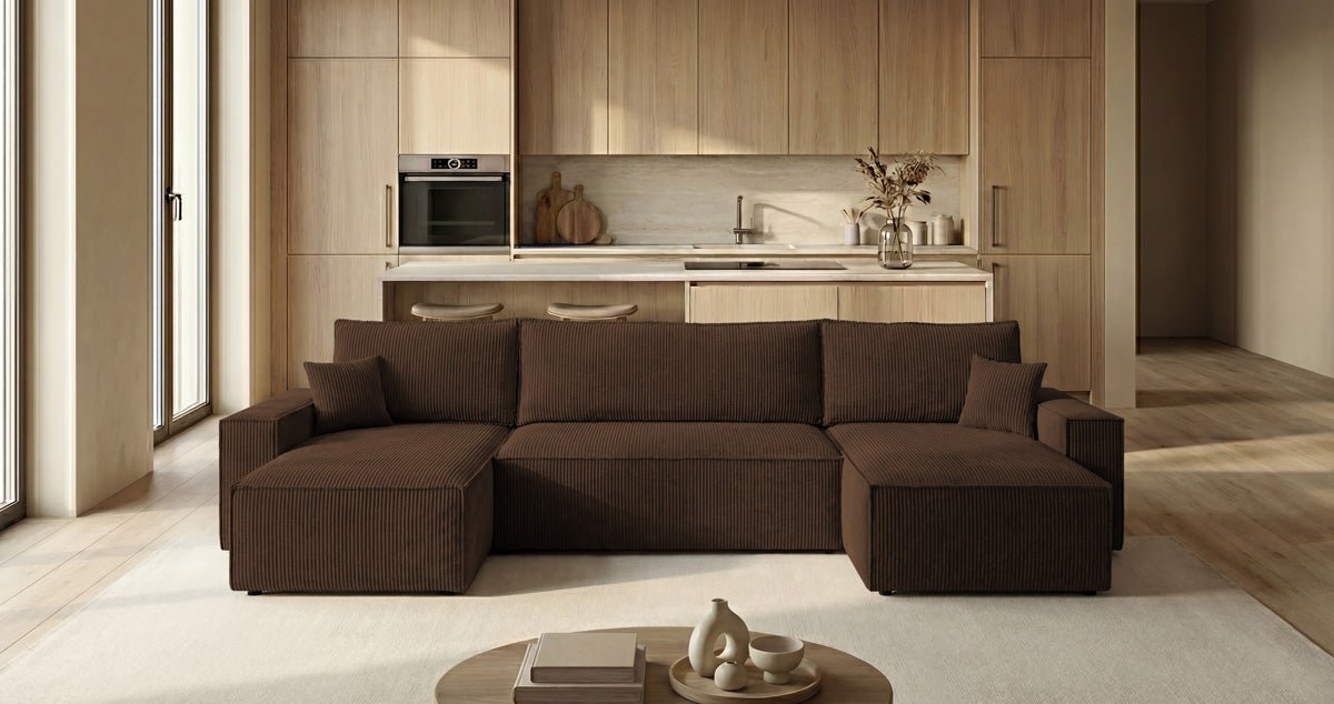 Designer Sofa Lunaro U Mini with Sleeper Function and Storage in Corduroy