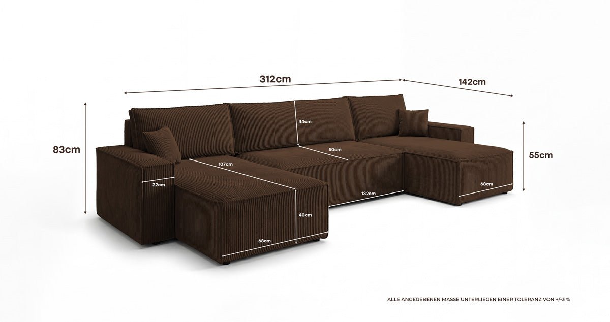 Designer Sofa Lunaro U Mini with Sleeper Function and Storage in Corduroy