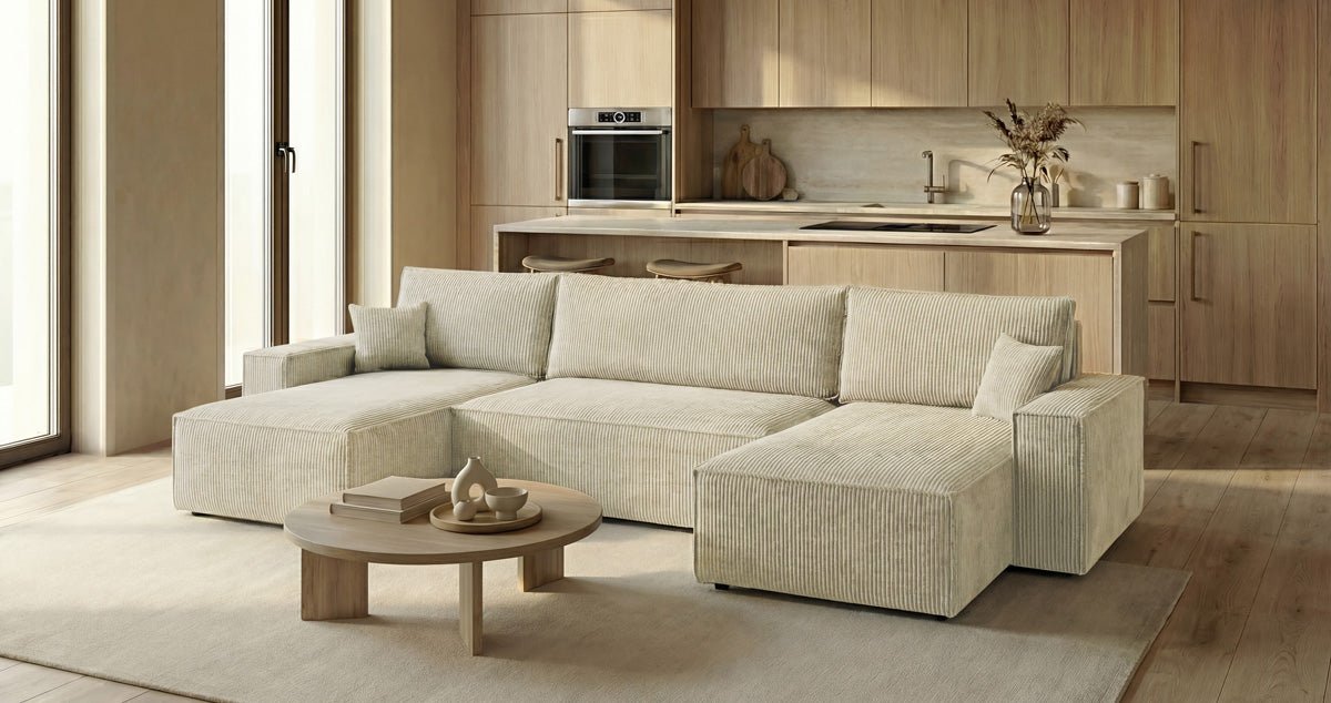 Designer Sofa Lunaro U Mini with Sleeper Function and Storage in Corduroy