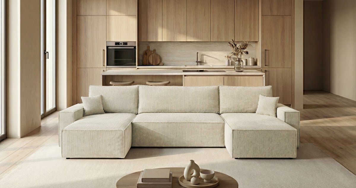 Canapé design Lunaro U Mini avec fonction lit et espace de rangement en Côtelé