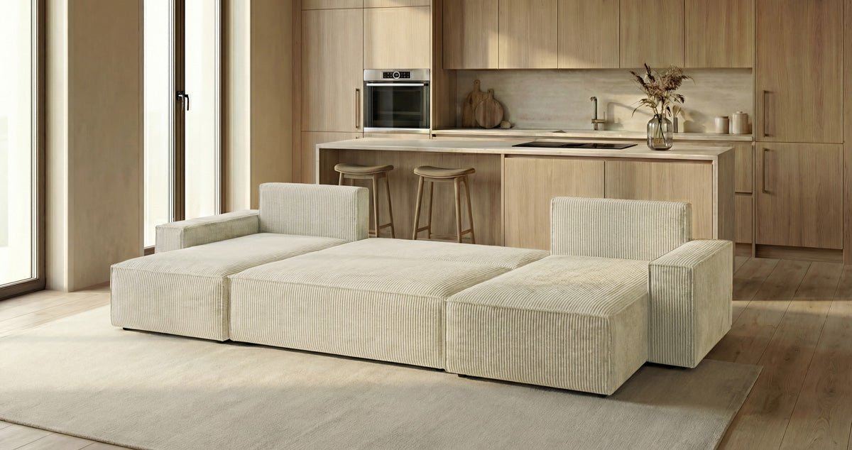 Designer Sofa Lunaro U Mini with Sleeper Function and Storage in Corduroy