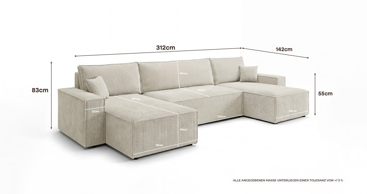 Designer Sofa Lunaro U Mini with Sleeper Function and Storage in Corduroy