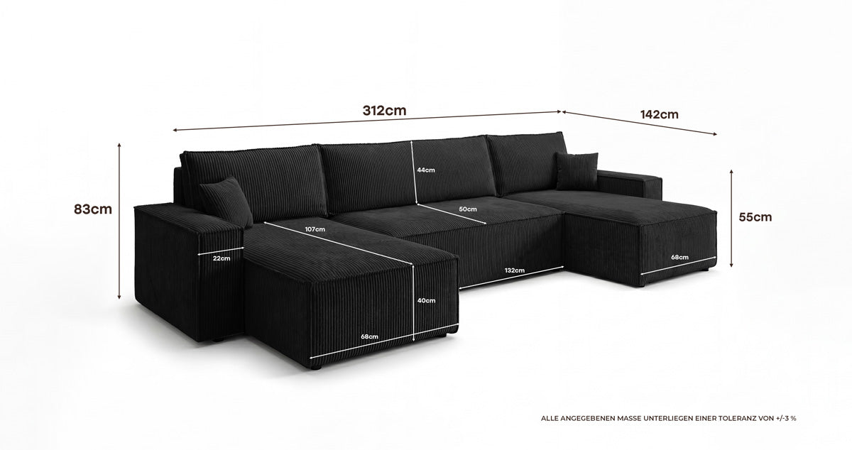 Designer Sofa Lunaro U Mini with Sleeper Function and Storage in Corduroy