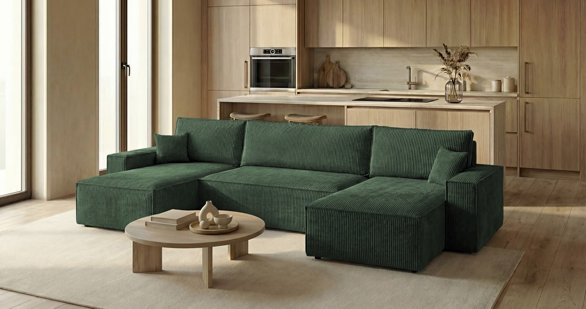 Designer Sofa Lunaro U Mini with Sleeper Function and Storage in Corduroy
