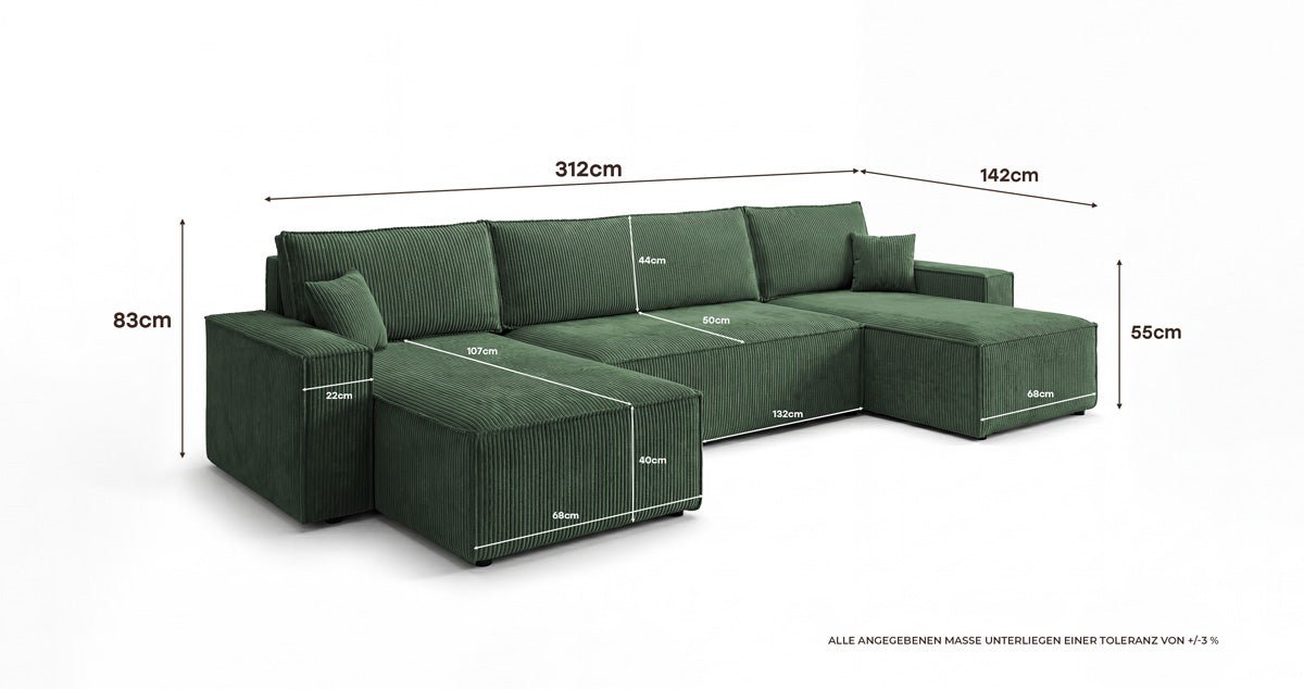 Designer Sofa Lunaro U Mini with Sleeper Function and Storage in Corduroy