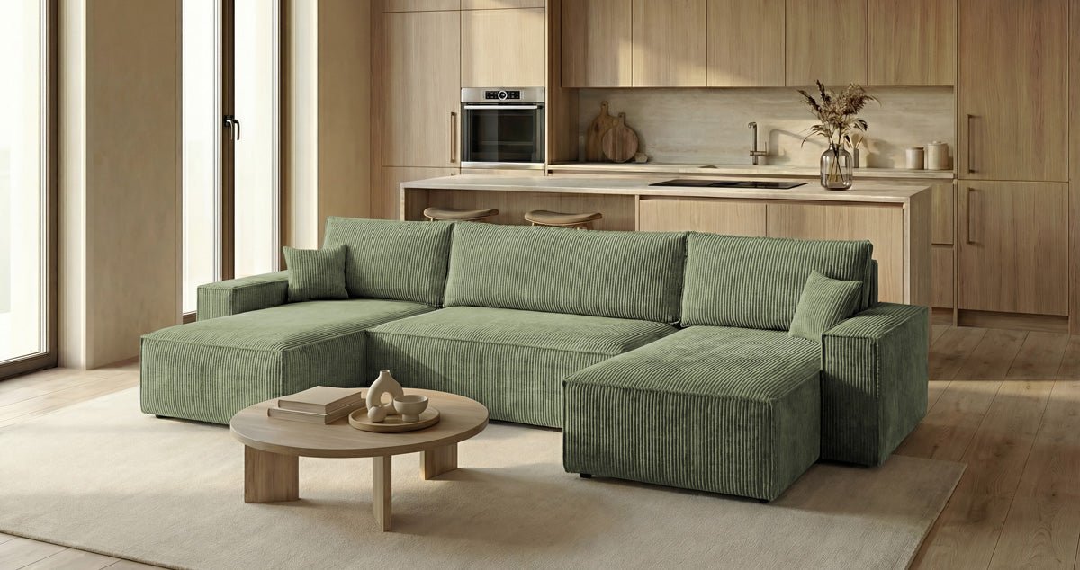 Designer Sofa Lunaro U Mini with Sleeper Function and Storage in Corduroy