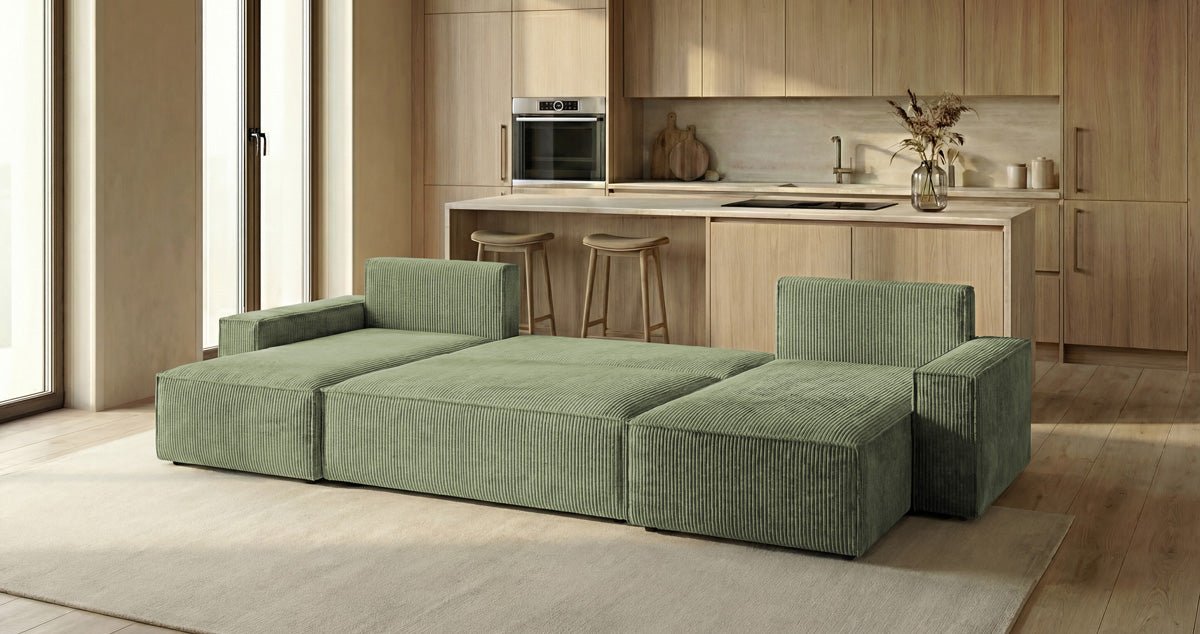 Designer Sofa Lunaro U Mini with Sleeper Function and Storage in Corduroy