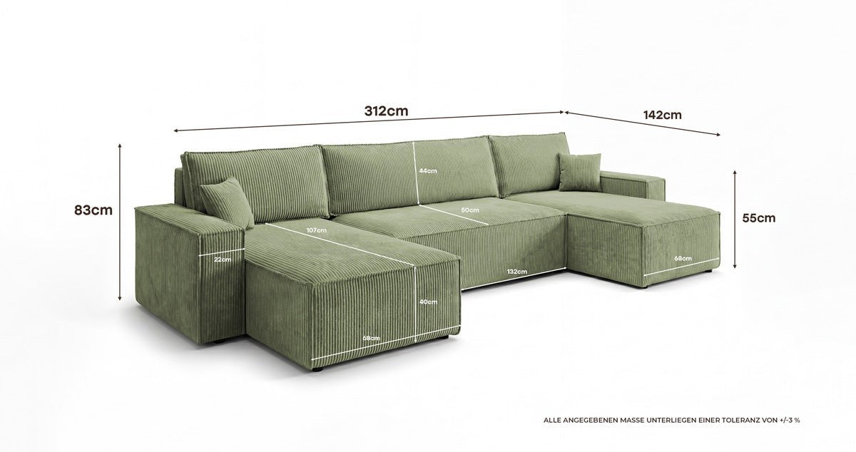 Designer Sofa Lunaro U Mini with Sleeper Function and Storage in Corduroy