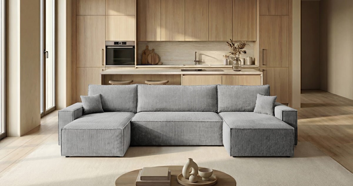 Designer Sofa Lunaro U Mini with Sleeper Function and Storage in Corduroy