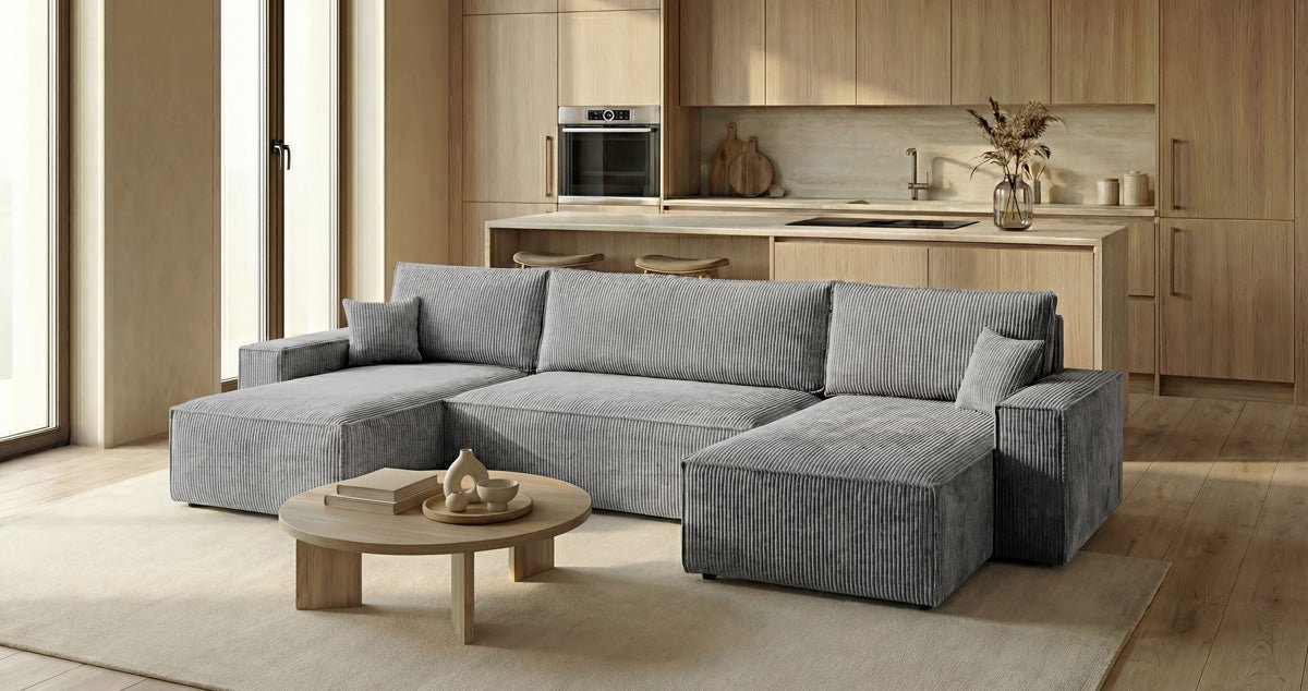 Designer Sofa Lunaro U Mini with Sleeper Function and Storage in Corduroy