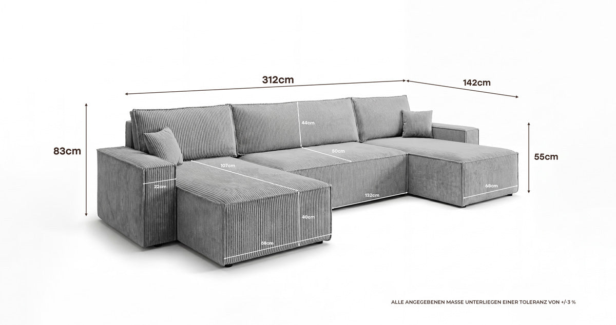 Designer Sofa Lunaro U Mini with Sleeper Function and Storage in Corduroy