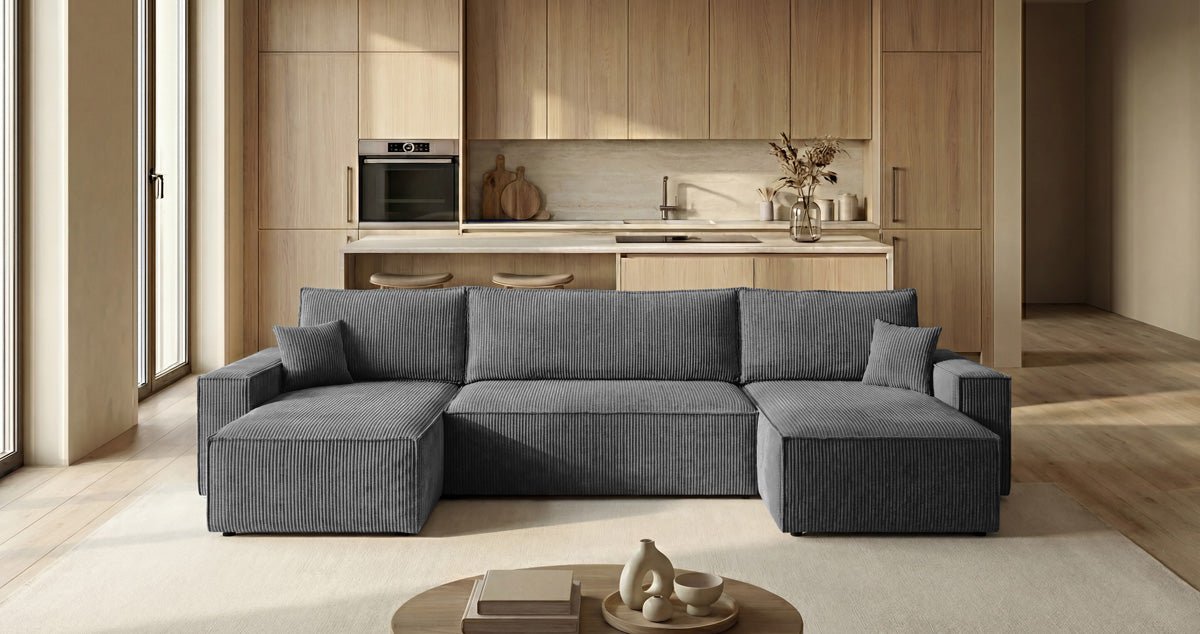 Designer Sofa Lunaro U Mini with Sleeper Function and Storage in Corduroy