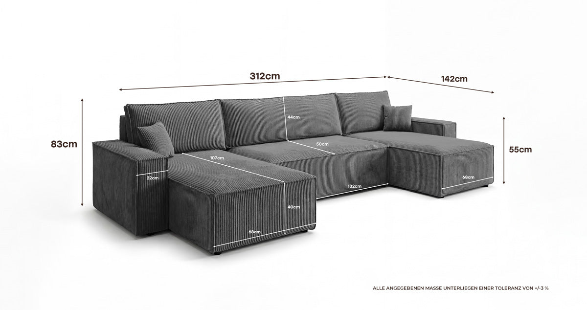 Designer Sofa Lunaro U Mini with Sleeper Function and Storage in Corduroy