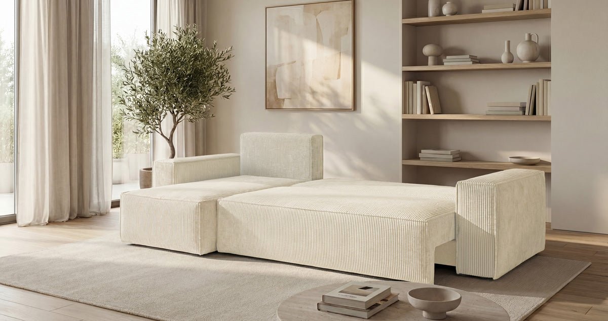 Designer-Sofa Lunaro Mini mat Schlof- a Klappfunktioun a Cord