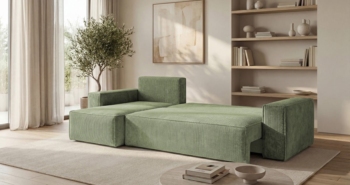 Designer-Sofa Lunaro Mini mat Schlof- a Klappfunktioun a Cord