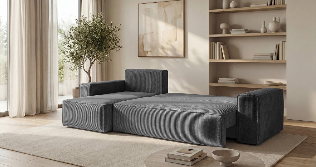 Designer-Sofa Lunaro Mini mat Schlof- a Klappfunktioun a Cord
