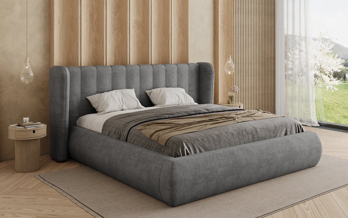 Designer-Polsterbett Valentina aus Samt mat Späicherplaz