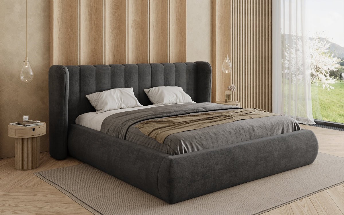 Designer-Polsterbett Valentina aus Samt mat Späicherplaz