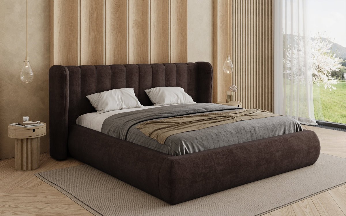 Designer-Polsterbett Valentina aus Samt mat Späicherplaz