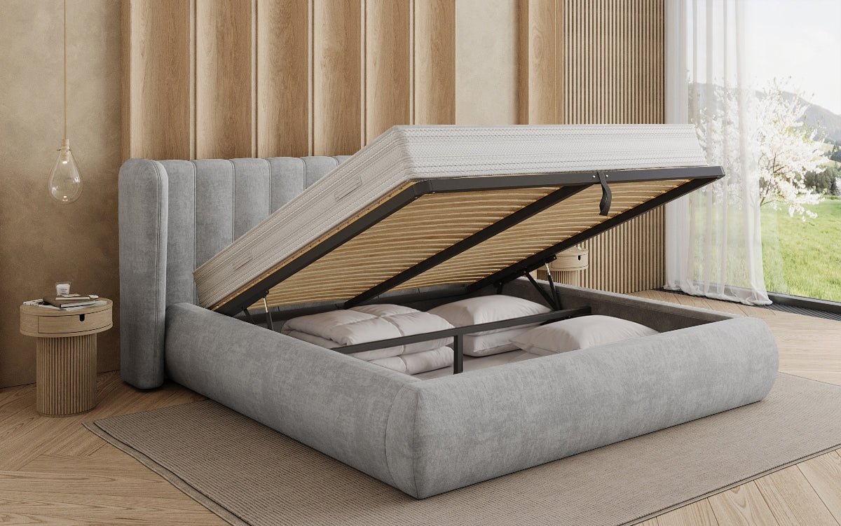 Designer-Polsterbett Valentina aus Samt mat Späicherplaz