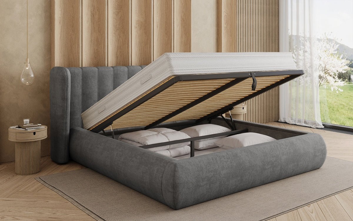 Designer-Polsterbett Valentina aus Samt mat Späicherplaz