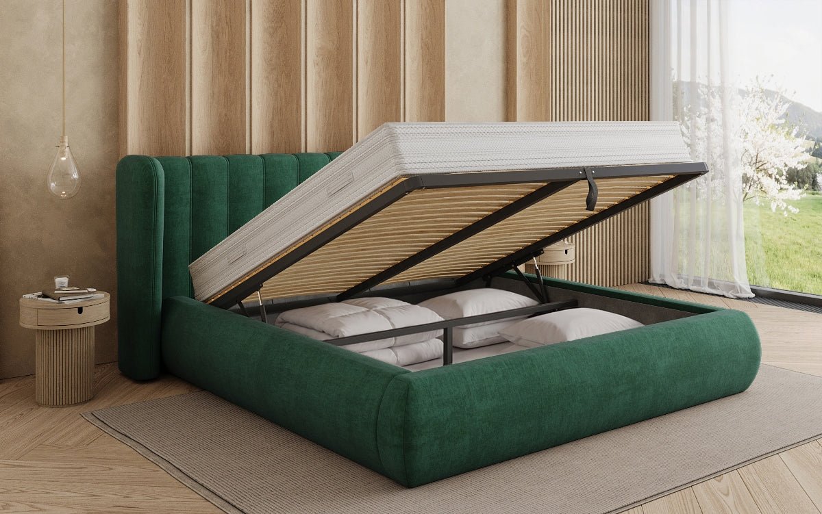 Designer-Polsterbett Valentina aus Samt mat Späicherplaz