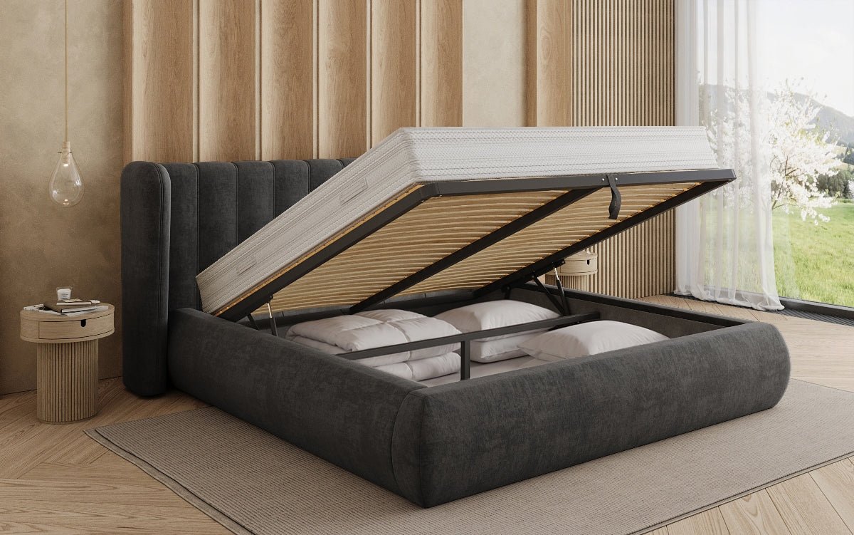 Designer-Polsterbett Valentina aus Samt mat Späicherplaz