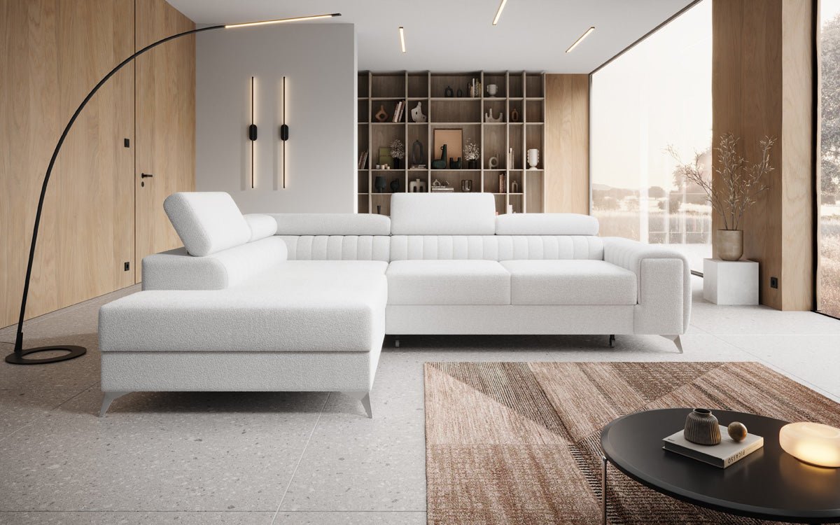 Designer Sofa Aurea L mat Schloof- an Zesummeklappfunktioun a Bouclé