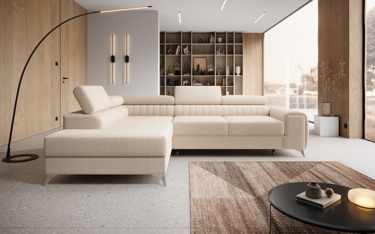 Designer Sofa Aurea L mat Schloof- an Zesummeklappfunktioun a Bouclé