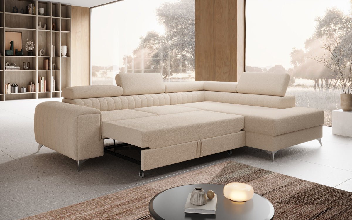 Designer Sofa Aurea L mat Schloof- an Zesummeklappfunktioun a Bouclé