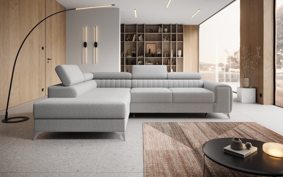 Designer Sofa Aurea L mat Schloof- an Zesummeklappfunktioun a Bouclé