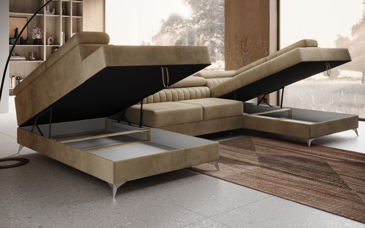 Canapé design Aurea U avec fonction lit et rabattable en velours