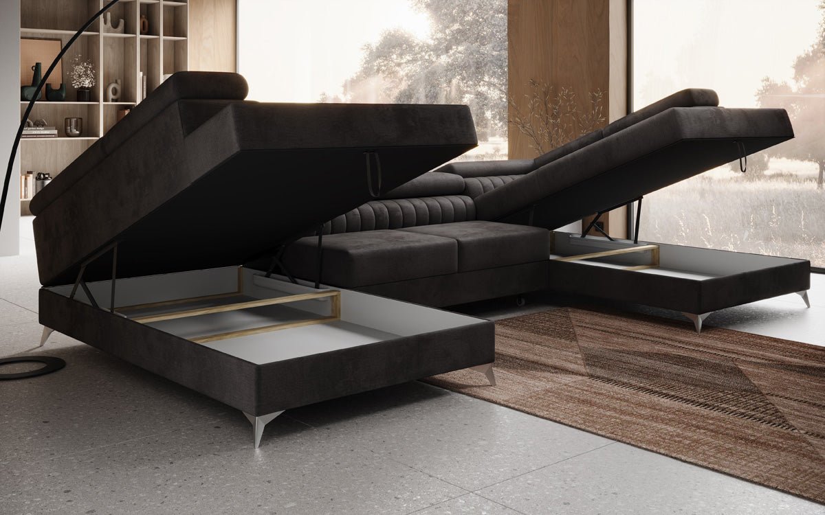 Canapé design Aurea U avec fonction lit et rabattable en velours