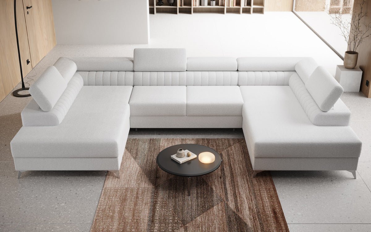 Designer Sofa Aurea U mat Schloof- an Zouschloof-Funktioun a Bouclé
