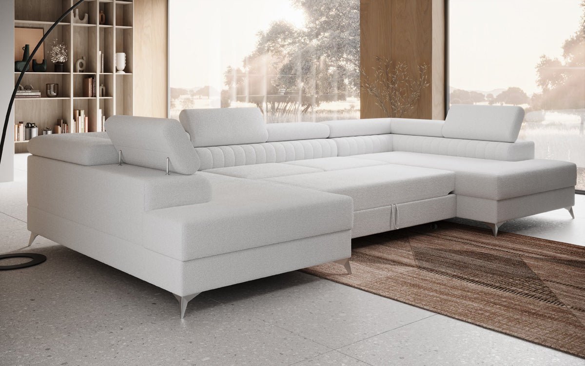 Designer Sofa Aurea U mat Schloof- an Zouschloof-Funktioun a Bouclé