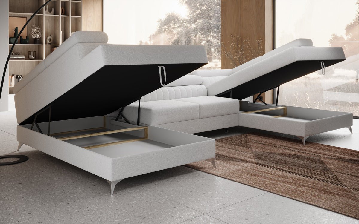 Designer Sofa Aurea U mat Schloof- an Zouschloof-Funktioun a Bouclé