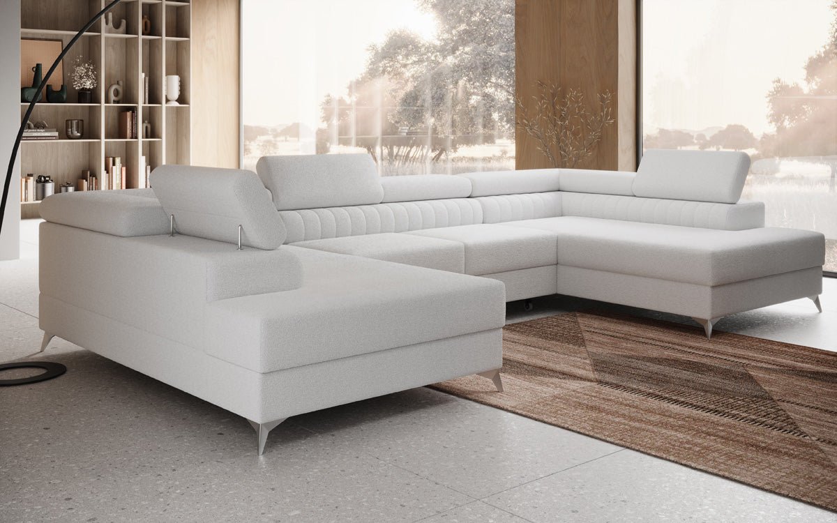 Designer Sofa Aurea U mat Schloof- an Zouschloof-Funktioun a Bouclé