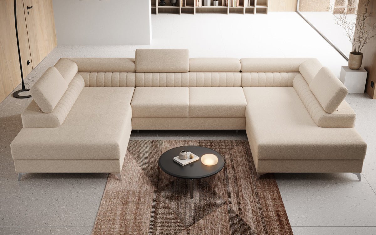 Designer Sofa Aurea U mat Schloof- an Zouschloof-Funktioun a Bouclé
