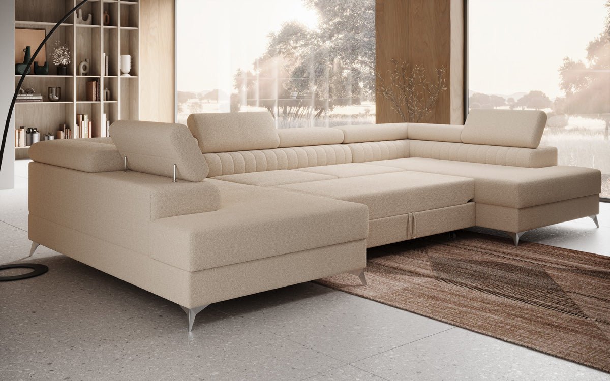 Designer Sofa Aurea U mat Schloof- an Zouschloof-Funktioun a Bouclé