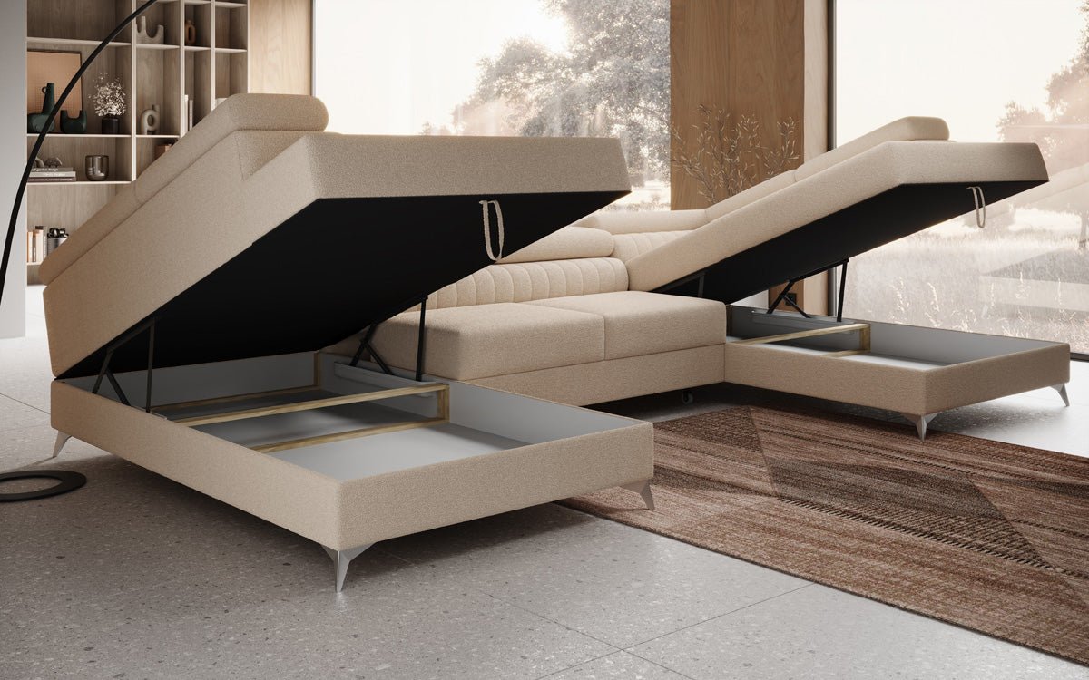Designer Sofa Aurea U mat Schloof- an Zouschloof-Funktioun a Bouclé